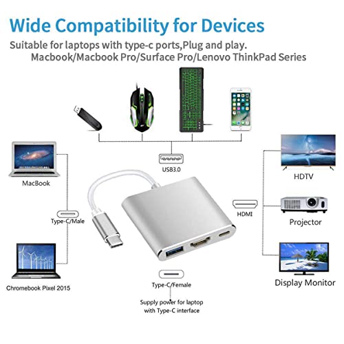 USB Type-c to HDMI 4K + USB 3.0 Standard + PD Charging Port 3 in 1 Adapter(Silver)