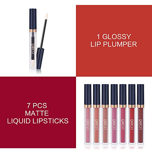 Matte Liquid Lipstick 7pcs + 1Pcs Lip Plumper Makeup Set Kit, Long Lasting Waterproof Velvet Lip Gloss Set, Pigmented Lip Makeup Gift Sets for Girls and Women