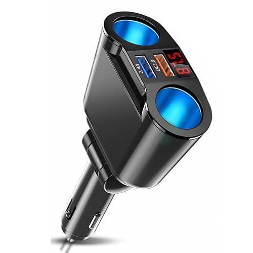 USB Car Charger Splitter Adapter, 2 Socket Lighter Multi Power Outlet with LED Voltmeter