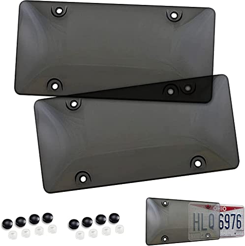 Tinted License Plate Cover Set of Standard Fit - Front & Back License Plates Shield Fastening to Frames - Premium Automotive Exterior Car & Truck Accessories for Teens, Men & Women, 6"X12"