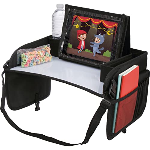 Kids Travel Tray with Dry Erase Board, Road Trip Essentials Kids, No-Drop Tablet Holder, Lap Desk, Cup Holder, Toddler Toy Storage, Fits Airplane and Booster Seat (Black)