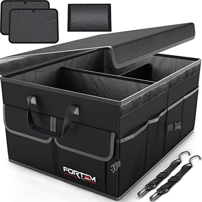 Car Trunk Organizer, Collapsible Multi Compartment Car Organizer, SUV Trunk Organizer, Non Slip Bottom, Adjustable Securing Straps, Foldable Cover (Black, Standard Size)