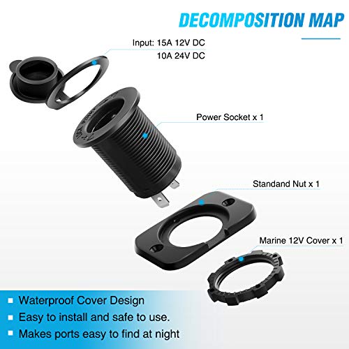 Car Cigarette Lighter Socket 2 Pack DC 12V Waterproof Power Outlet Adapter Replacement with Terminals Wires and Screws for Marine Boat Motorcycle, Boat, Car,Truck, RV, ATV,2 Years Warranty