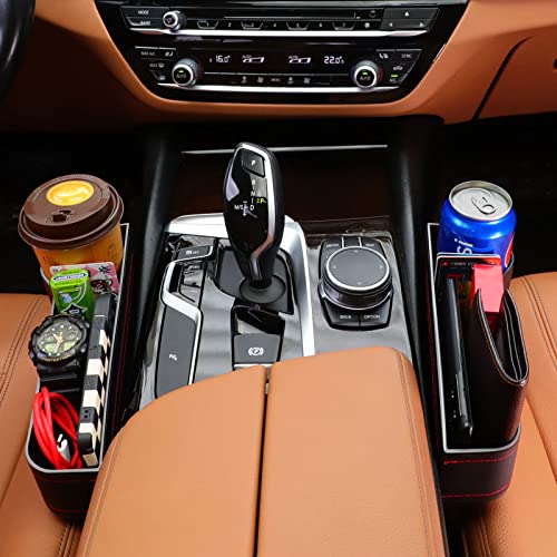 Car Seat Gap Filler Organizer, 2 Pack Multifunctional, Auto Console Side Storage Box with Cup Holders 2 Seat Hooks for Drink, Car Organizer Front Seat for Holding Phone, Sunglasses