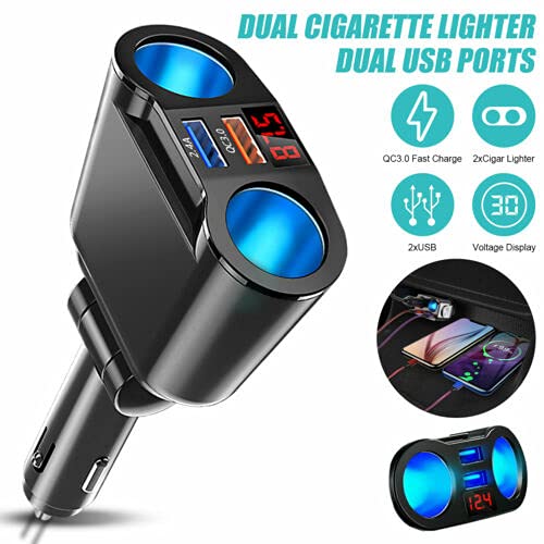 USB Car Charger Splitter Adapter, 2 Socket Lighter Multi Power Outlet with LED Voltmeter