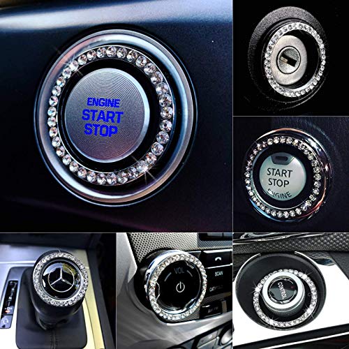 Crystal Rhinestone  Bling Car Decor Car Bling Ring Emblem Sticker, Bling Car Accessories for Women, Push to Start Button, Key Ignition Starter & Knob Ring, Interior Glam Car Decor Accessory (Silver)