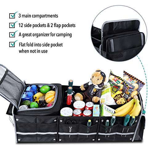 Waterproof Trunk Organizer with Insulated Leakproof Cooler Bag, Foldable Cover, Adjustable Securing Straps (4-in-1 w/Cooler, Black)