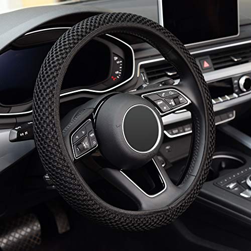 Elastic Stretch Steering Wheel Cover ,Warm in Winter and Cool in Summer, Universal 15 inch, Microfiber Breathable Ice Silk, Anti-Slip, Odorless, Easy Carry,Black