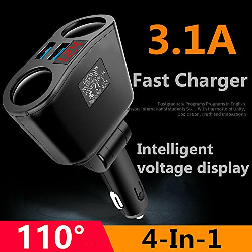 USB Car Charger Splitter Adapter, 2 Socket Lighter Multi Power Outlet with LED Voltmeter