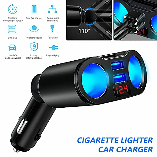 USB Car Charger Splitter Adapter, 2 Socket Lighter Multi Power Outlet with LED Voltmeter