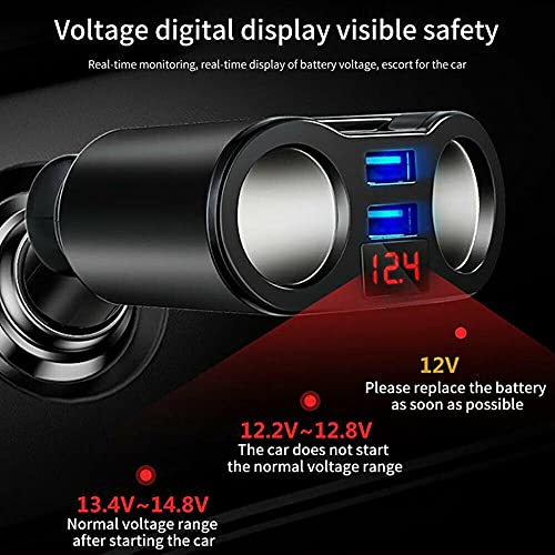 USB Car Charger Splitter Adapter, 2 Socket Lighter Multi Power Outlet with LED Voltmeter