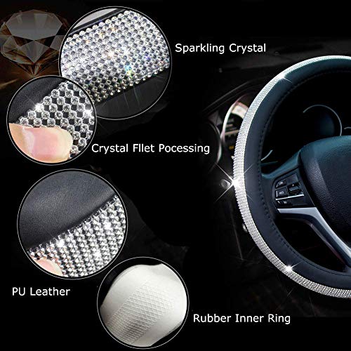 New Diamond Leather Steering Wheel Cover with Bling Bling Crystal, Universal Fit 15 Inch Car Wheel Protector for Women Girls,Black