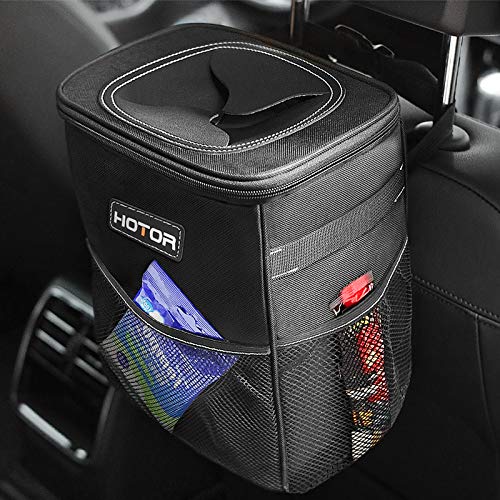 Car Trash Can with Lid and Storage Pockets, 100% Leak-Proof , Waterproof Car Garbage Can, Multipurpose Trash Bin for Car - Black