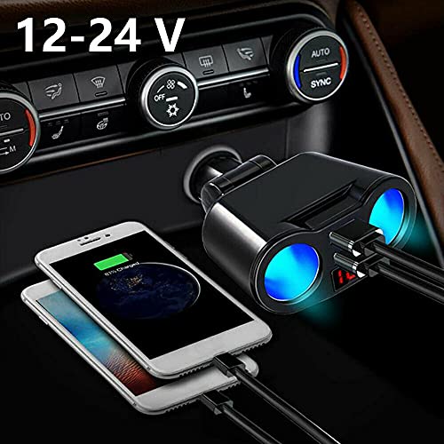 USB Car Charger Splitter Adapter, 2 Socket Lighter Multi Power Outlet with LED Voltmeter