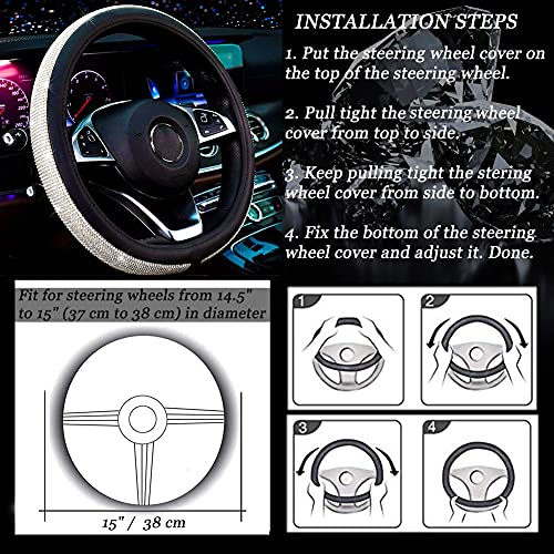 New Diamond Leather Steering Wheel Cover with Bling Bling Crystal, Universal Fit 15 Inch Car Wheel Protector for Women Girls,Black