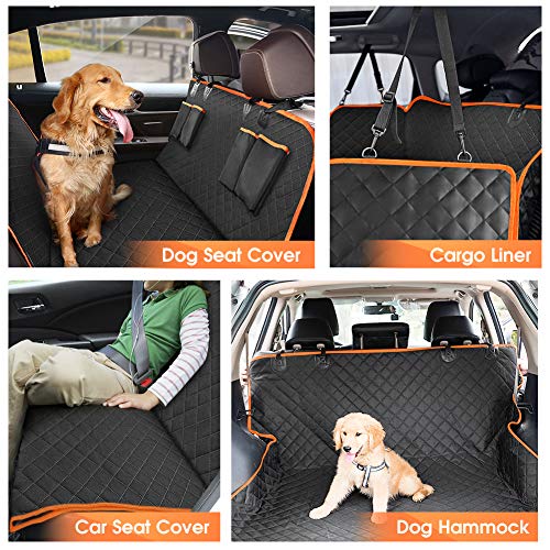 Waterproof Dog Car Seat Cover for Back Seat, Seat Protector Scratchproof Pet Hammock with 4 Bags Side Flaps, Washable Nonslip Backseat Protection for Cars Trucks and SUVs