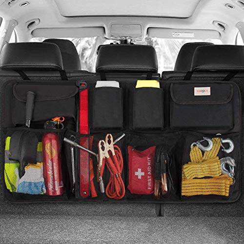 Car Trunk Organizer , 3rd Gen [7 Times Upgrade] Super Capacity, Equipped with [Robust Elastic Net & 3 Magic Stick] Car Trunk Tidy Storage Bag with Lids, Space Saving Expert-Black