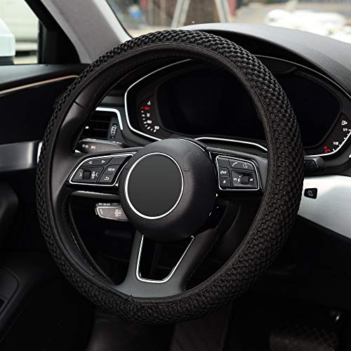 Elastic Stretch Steering Wheel Cover ,Warm in Winter and Cool in Summer, Universal 15 inch, Microfiber Breathable Ice Silk, Anti-Slip, Odorless, Easy Carry,Black