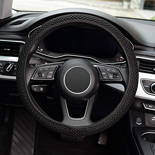 Elastic Stretch Steering Wheel Cover ,Warm in Winter and Cool in Summer, Universal 15 inch, Microfiber Breathable Ice Silk, Anti-Slip, Odorless, Easy Carry,Black