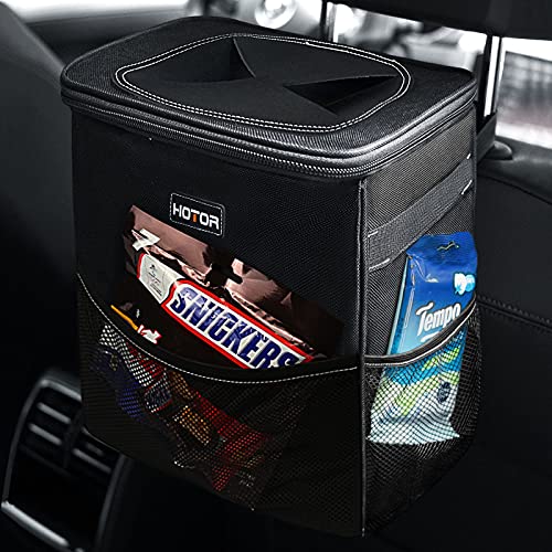 Car Trash Can with Lid and Storage Pockets, 100% Leak-Proof , Waterproof Car Garbage Can, Multipurpose Trash Bin for Car - Black