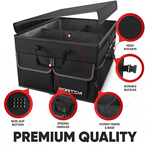 Car Trunk Organizer, Collapsible Multi Compartment Car Organizer, SUV Trunk Organizer, Non Slip Bottom, Adjustable Securing Straps, Foldable Cover (Black, Standard Size)