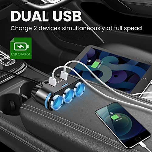 Dual USB Car Charger 12V Cigarette Lighter Adapter 3 Socket Lighter Splitter with LED Voltage Display by YANTU