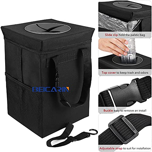 Car Trash Can with Lid - Car Trash Bag Hanging with Storage Pockets Collapsible and Portable Car Garbage Bin, Leak-Proof, 1.82 Gallons Multipurpose Trash Bin for Car