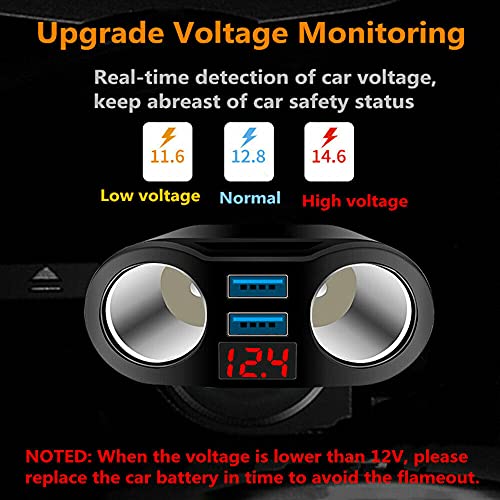 USB Car Charger Splitter Adapter, 2 Socket Lighter Multi Power Outlet with LED Voltmeter