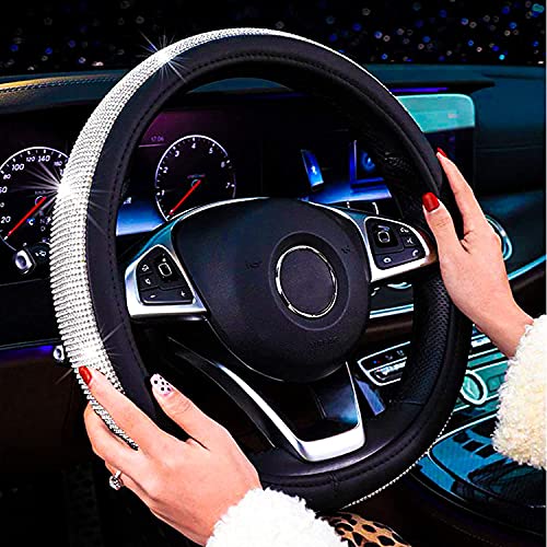 New Diamond Leather Steering Wheel Cover with Bling Bling Crystal, Universal Fit 15 Inch Car Wheel Protector for Women Girls,Black