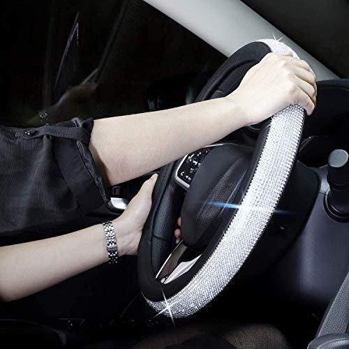 New Diamond Leather Steering Wheel Cover with Bling Bling Crystal, Universal Fit 15 Inch Car Wheel Protector for Women Girls,Black