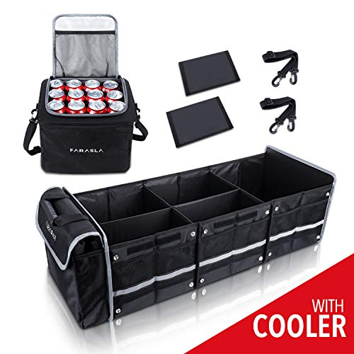 Waterproof Trunk Organizer with Insulated Leakproof Cooler Bag, Foldable Cover, Adjustable Securing Straps (4-in-1 w/Cooler, Black)