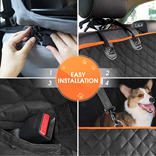 Waterproof Dog Car Seat Cover for Back Seat, Seat Protector Scratchproof Pet Hammock with 4 Bags Side Flaps, Washable Nonslip Backseat Protection for Cars Trucks and SUVs