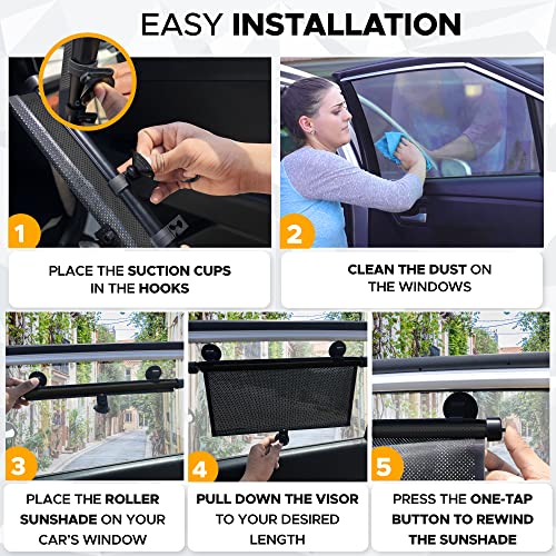 Car Side Window Sun Shade (2 Pack) | Retractable Car Roller Sunshade for Kids | Shades for UV and Sun Glare Protection | Baby Car Travel Accessories (15"x17")