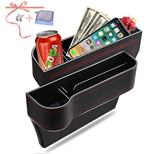 Car Seat Gap Filler Organizer, 2 Pack Multifunctional, Auto Console Side Storage Box with Cup Holders 2 Seat Hooks for Drink, Car Organizer Front Seat for Holding Phone, Sunglasses