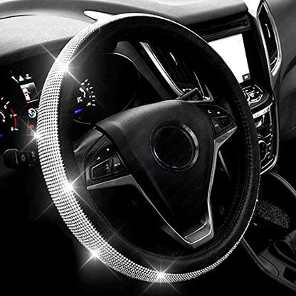 New Diamond Leather Steering Wheel Cover with Bling Bling Crystal, Universal Fit 15 Inch Car Wheel Protector for Women Girls,Black