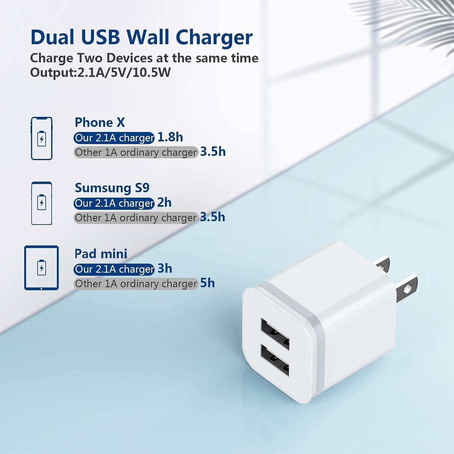 USB Wall Charger, LUOATIP 3-Pack 2.1A/5V Dual Port USB Cube Power Adapter Charger Plug