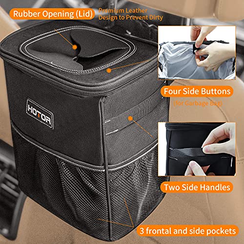 Car Trash Can with Lid and Storage Pockets, 100% Leak-Proof , Waterproof Car Garbage Can, Multipurpose Trash Bin for Car - Black