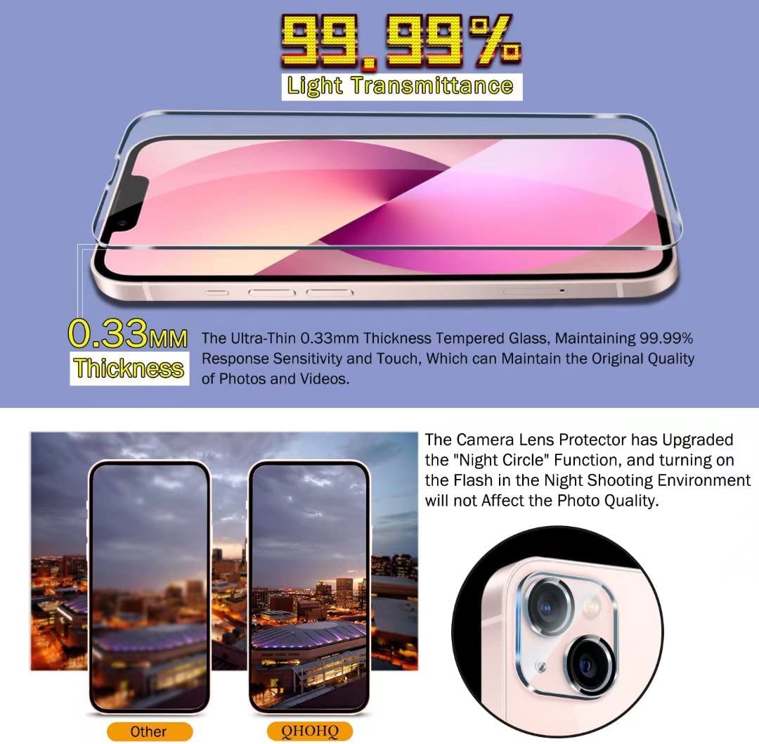 Screen Protector QHOHQ 3 Pack  Designed for iPhone 13 6.1 Inch with 3 Pack Tempered Glass Camera Lens Protector, Ultra HD