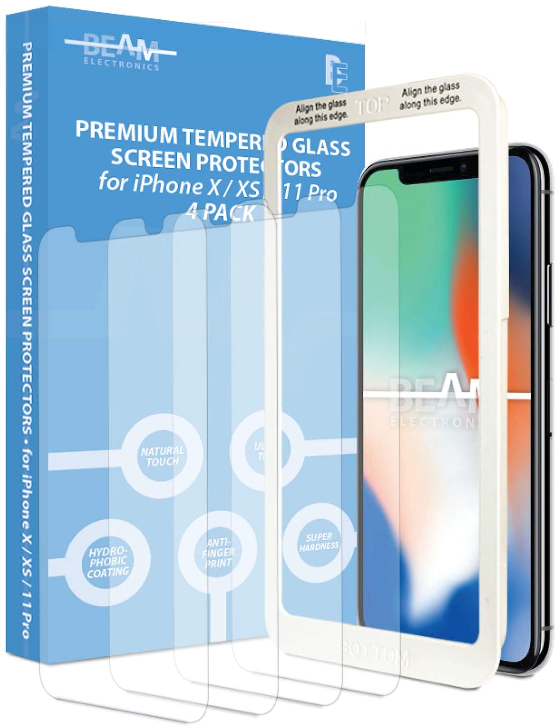 [4 Pack] Screen Protector for iPhone X, iPhone XS, iPhone 11 Pro, Beam Electronics Tempered Glass Screen Protector