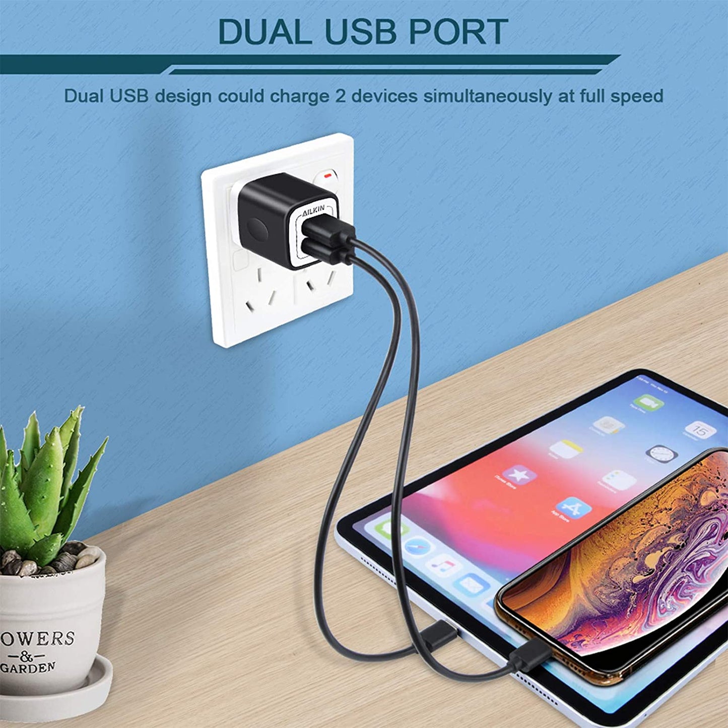 USB Wall Charger, Charger Block, 2.1A Multiport Fast Charge Power Brick Cube