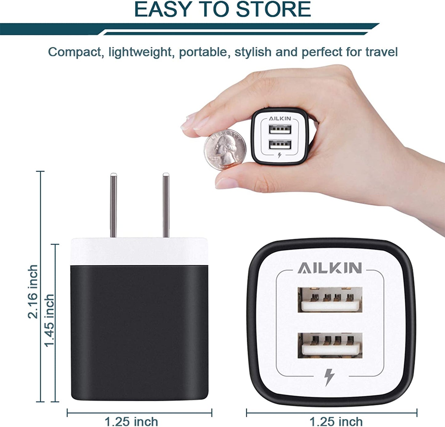 USB Wall Charger, Charger Block, 2.1A Multiport Fast Charge Power Brick Cube