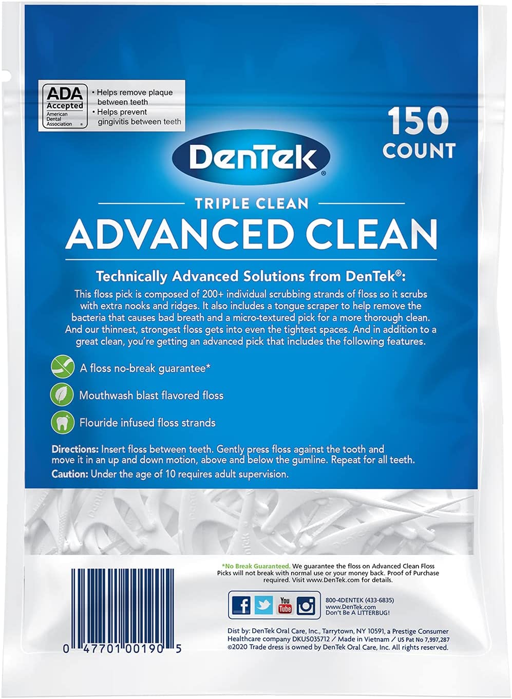 DenTek Triple Clean Advanced Clean Floss Picks, No Break & No Shred Floss, 150 Count