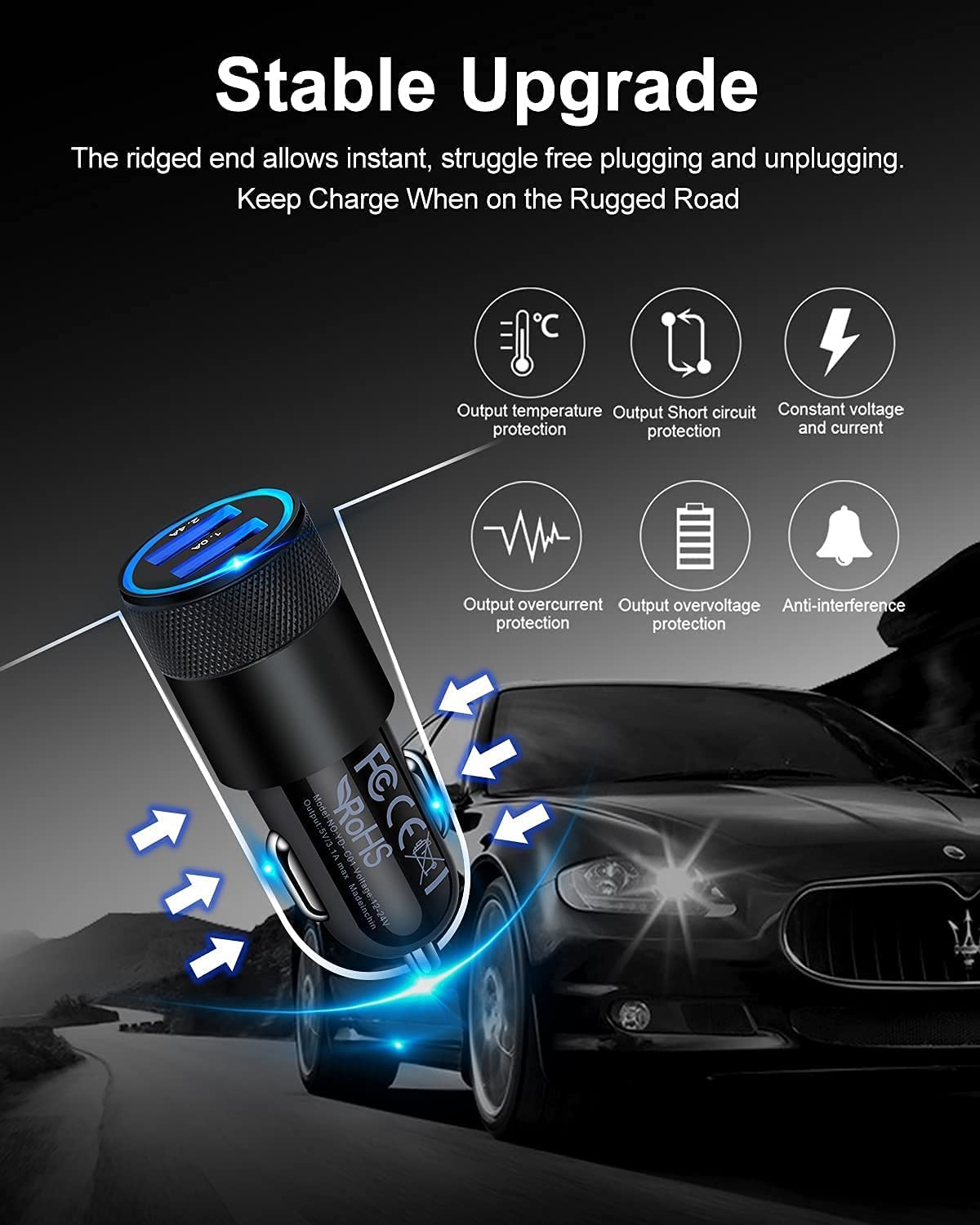 Car Charger 2Pack , 3.4A Fast Charge Dual Port USB Cargador Carro Lighter Adapter for iPhone