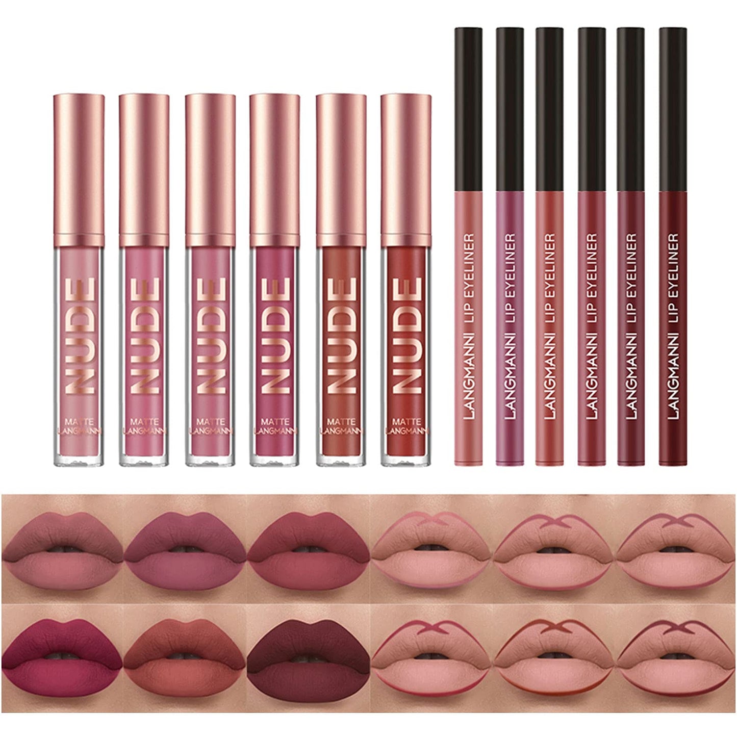 Matte Liquid Lipstick + Lip Liner Pens Set, One Step Lips Makeup Kits Pigment 12pcs