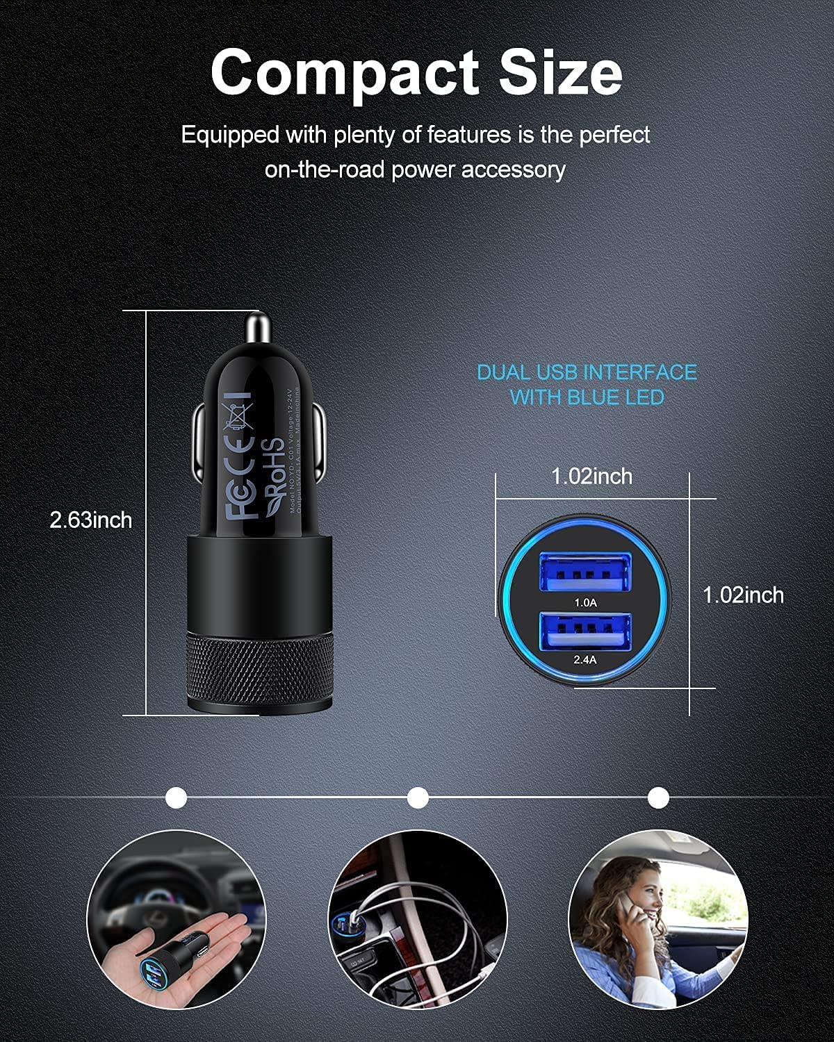 Car Charger 2Pack , 3.4A Fast Charge Dual Port USB Cargador Carro Lighter Adapter for iPhone