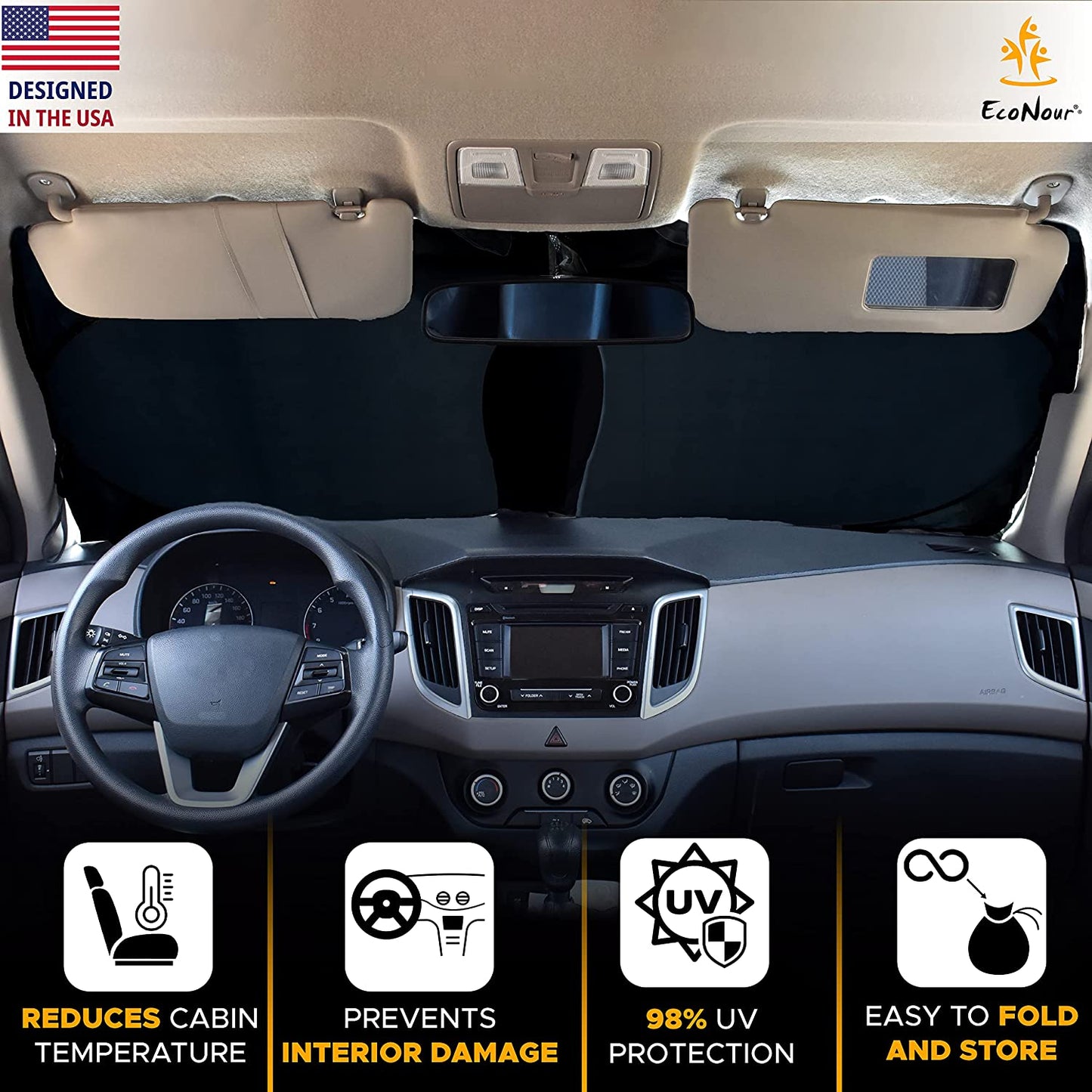 Car Windshield Sun Shade with Storage Pouch | Durable 240T Material Car Sun Visor