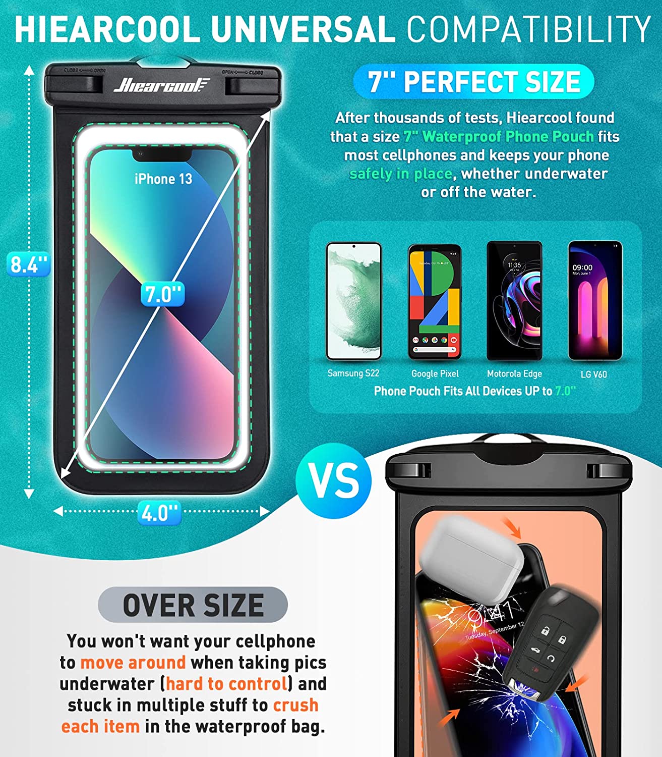 Universal Waterproof Case,Hiearcool Phone Pouch Compatible for iPhone 13 12 11 Pro Max XS Samsung Galaxy S10