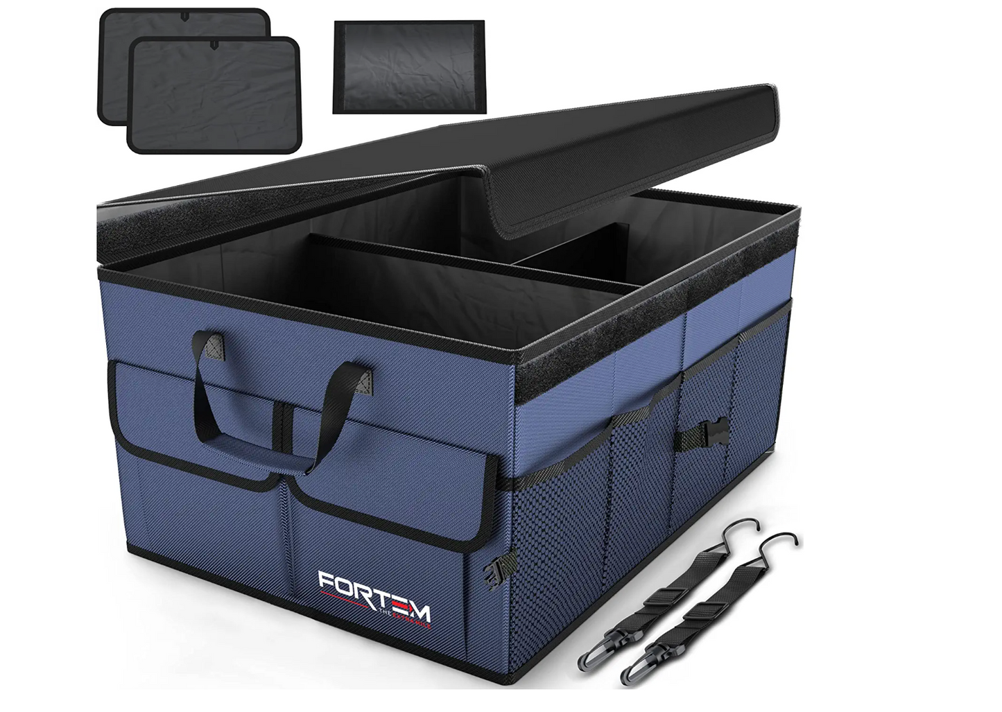 Fortem Car Trunk Organizer, SUV Storage Organizer, Collapsible Multi Compartment, Non Slip Bottom, Adjustable Securing Straps, Foldable Cover (Black