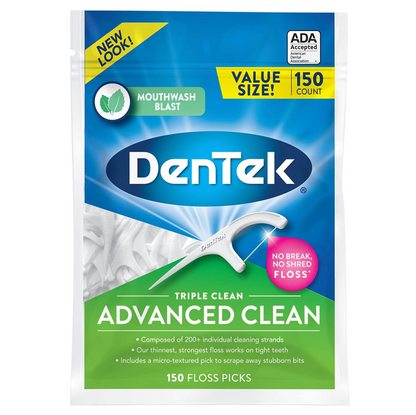 DenTek Triple Clean Advanced Clean Floss Picks, No Break & No Shred Floss, 150 Count