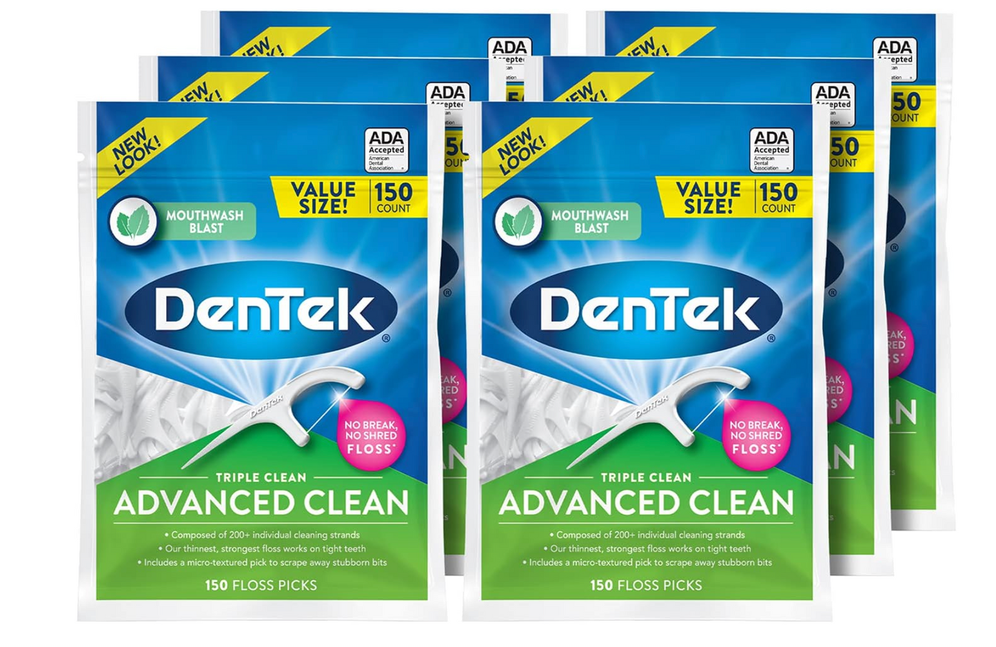 DenTek Triple Clean Advanced Clean Floss Picks, No Break & No Shred Floss, 150 Count